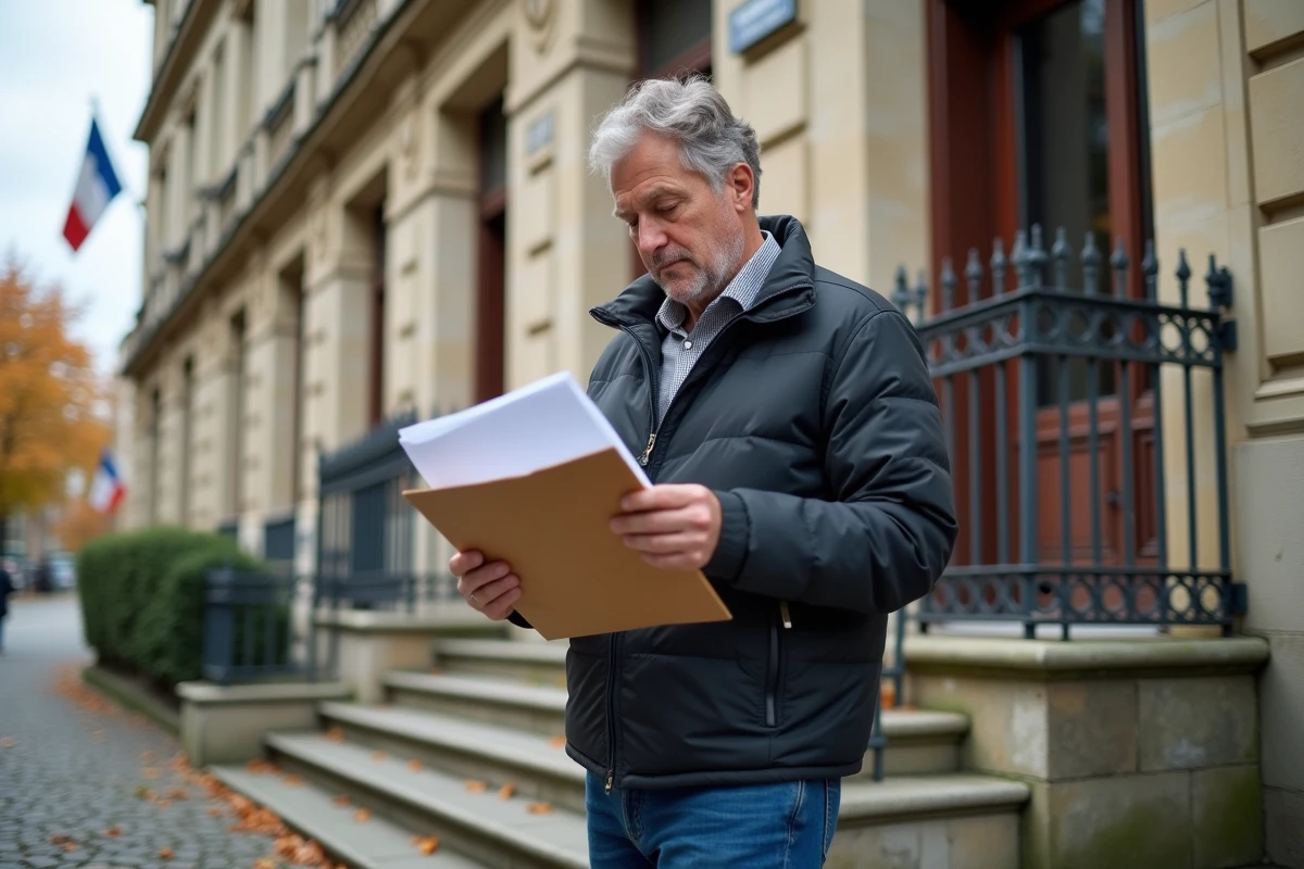 Homme consultant ses documents d'aide communale de 400 euros devant la façade d'une mairie française