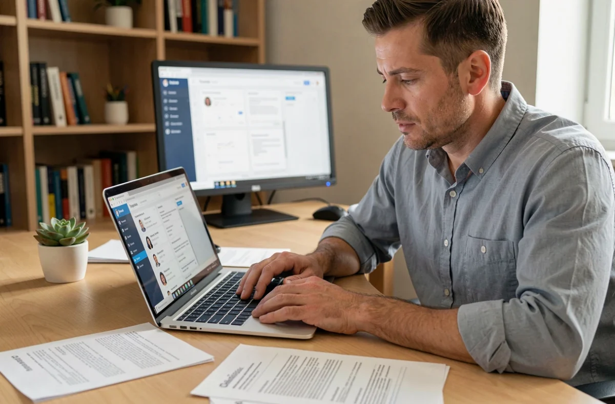 Manager analysant des CV et profils de candidats sur ordinateur portable pour optimiser le processus de recrutement