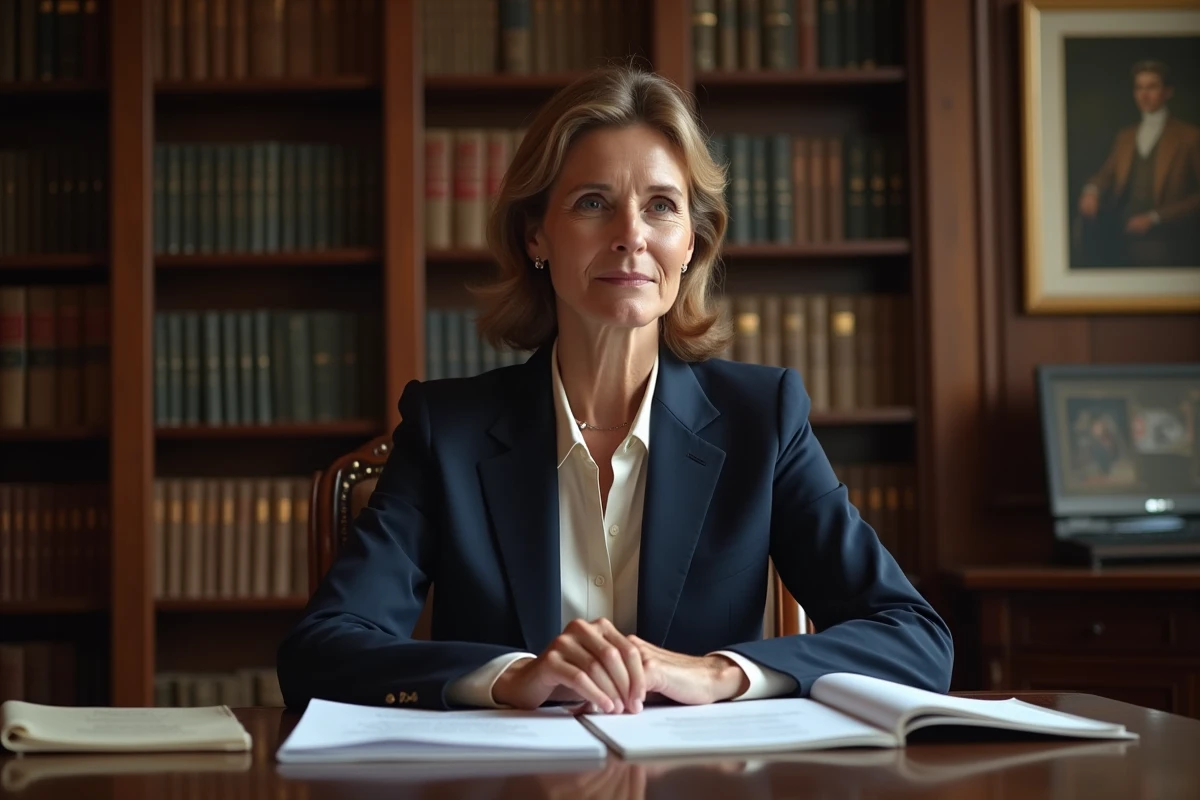 Femme élégante dans la cinquantaine assise à un bureau en acajou dans un bureau parisien raffiné, illustrant le portrait d'une personnalité discrète et fortunée