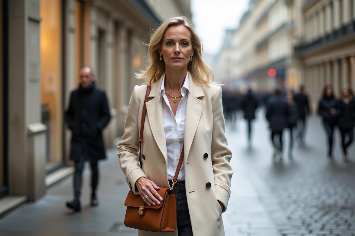 Femme sophistiquée en manteau cachemire marchant dans une rue parisienne haussmannienne, évoquant le parcours discret et élégant d'une personnalité fortunée