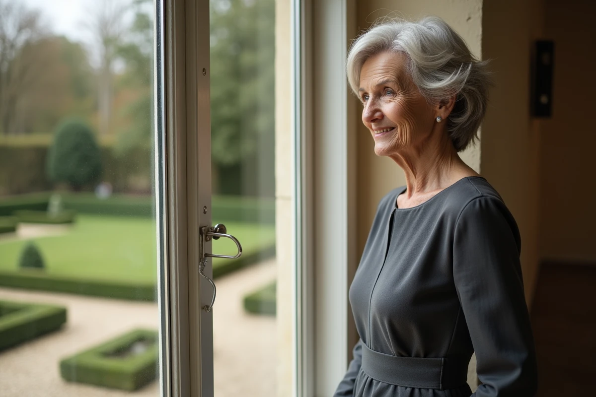 Femme française accomplie en robe gris anthracite debout près d'une fenêtre donnant sur un jardin à la française, portrait évocateur d'une femme discrète issue d'un milieu aisé