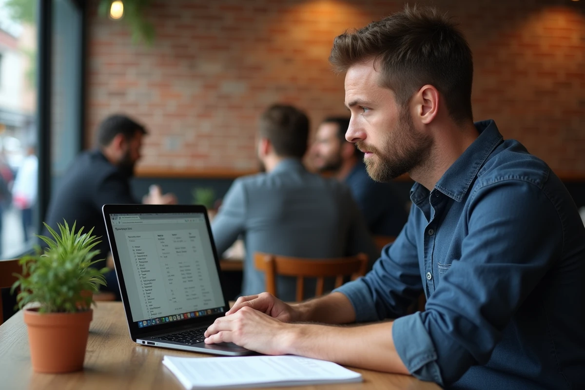 Homme consultant un tableau de conjugaison espagnole sur ordinateur portable dans un café