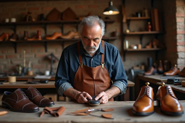 Artisan cordonnier italien cousant à la main une chaussure Oxford en cuir dans un atelier traditionnel à Bologne