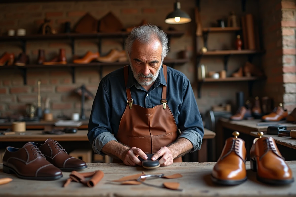 Artisan cordonnier italien cousant à la main une chaussure Oxford en cuir dans un atelier traditionnel à Bologne