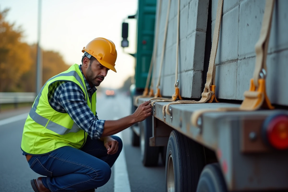 Chauffeur routier en gilet jaune inspectant les sangles d'un camion plateau chargé de dalles en béton sur une aire d'autoroute
