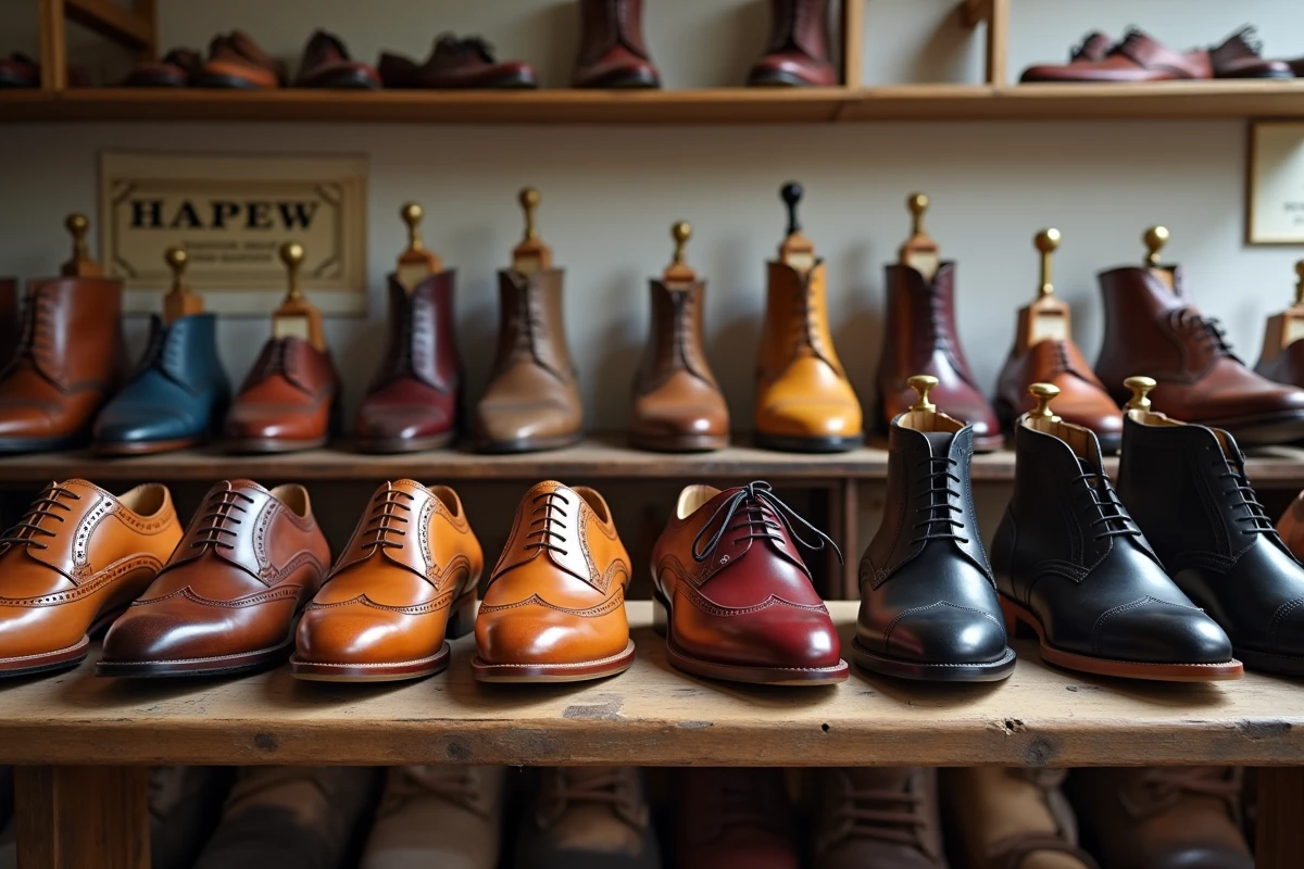 Collection de chaussures artisanales en cuir exposées dans un showroom d'un atelier traditionnel à Northampton en Angleterre