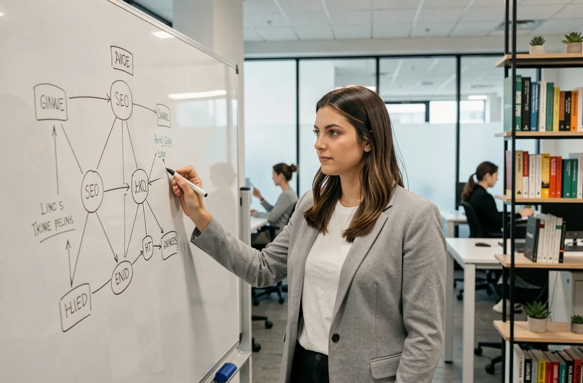 Consultante SEO dessinant un schéma de réseau de blogs privés sur un tableau blanc dans un espace de coworking