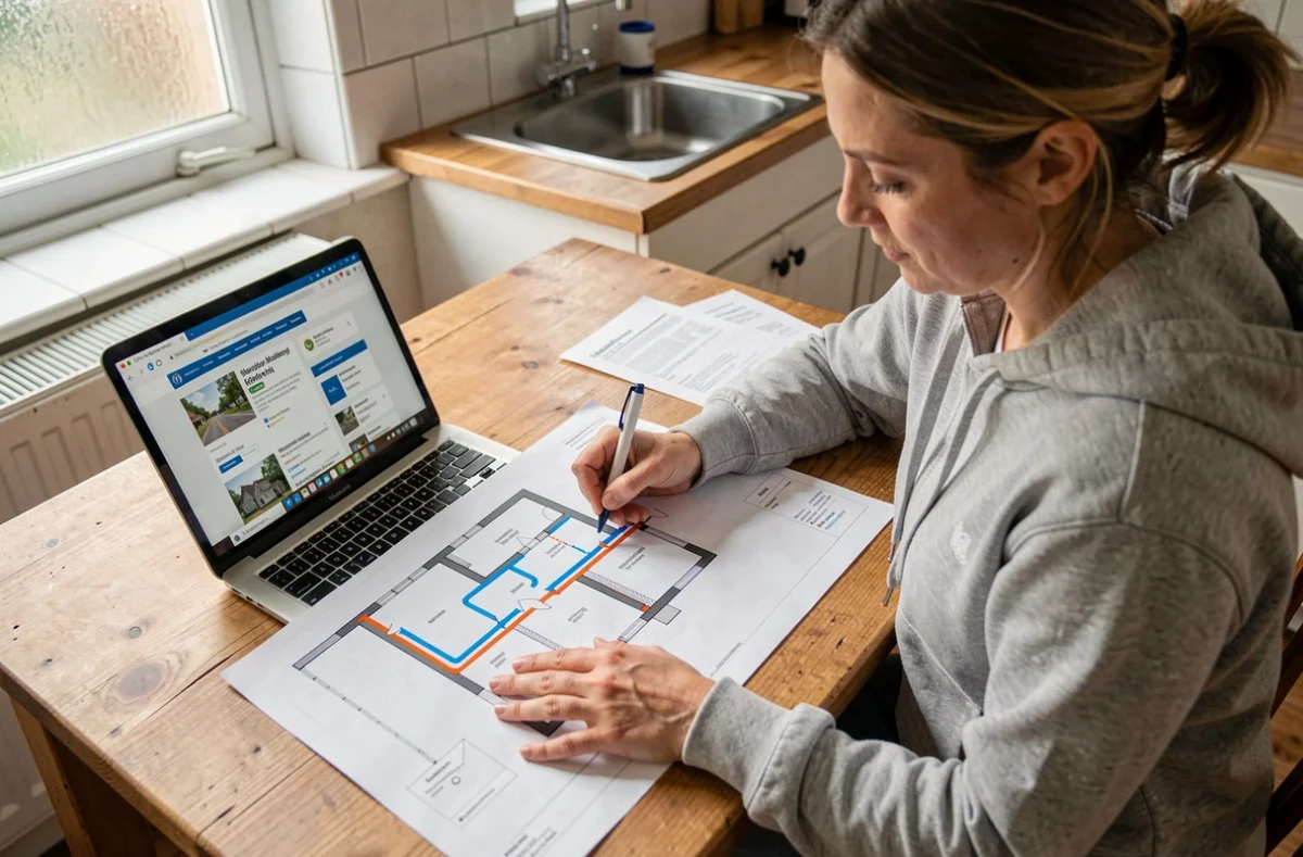 Femme consultant un plan de réseau eaux usées maison avec ordinateur portable sur une table de cuisine