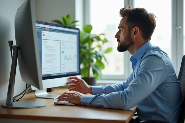 Homme consultant le plan du site d'un professionnel de l'automobile sur un ordinateur de bureau dans un bureau moderne