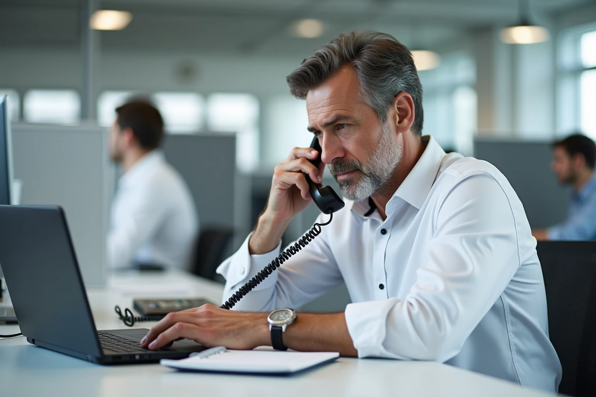 Homme en bureau contactant le service client GLS France pour résoudre un problème de suivi de colis