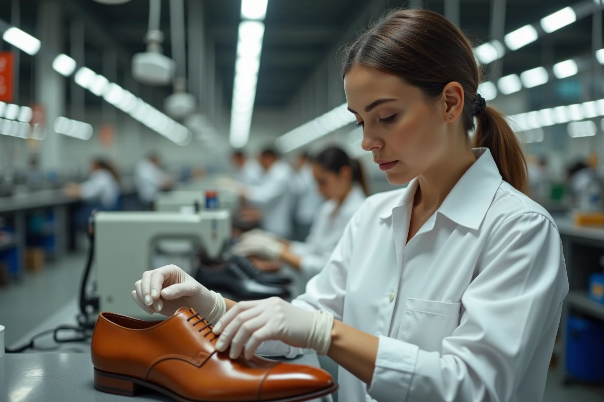 Ouvrière contrôlant la qualité d'une chaussure en cuir dans une usine moderne de fabrication au Portugal
