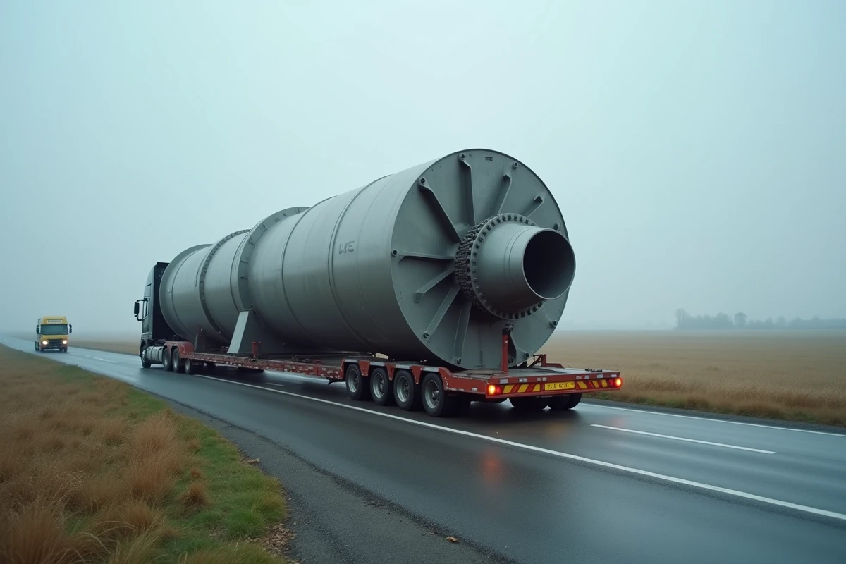 Convoi exceptionnel transportant une turbine industrielle surdimensionnée sur une route rurale escorté par un véhicule d'accompagnement