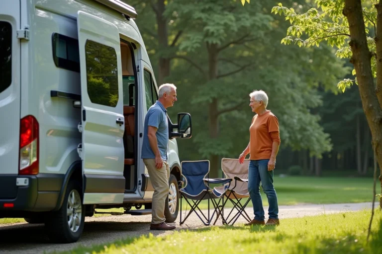 Couple souriant près d'un camping avec un camping-car moderne
