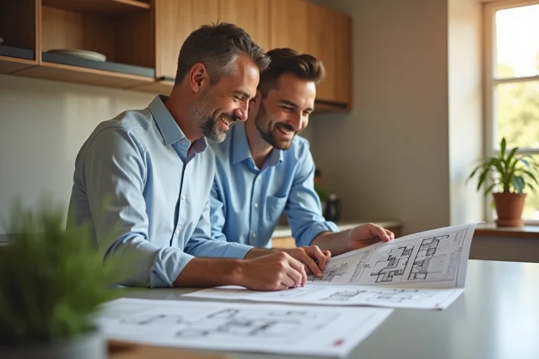 Couple en cuisine moderne examinant des plans immobiliers