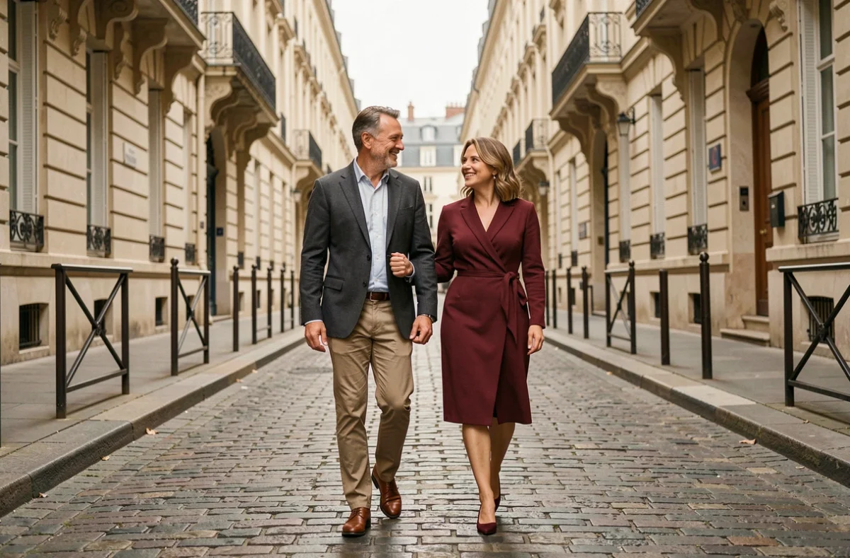 Couple élégant se promenant sur un trottoir parisien en pavés, illustrant la vie de couple et la complicité amoureuse pour un article sur Éric Jean-Jean