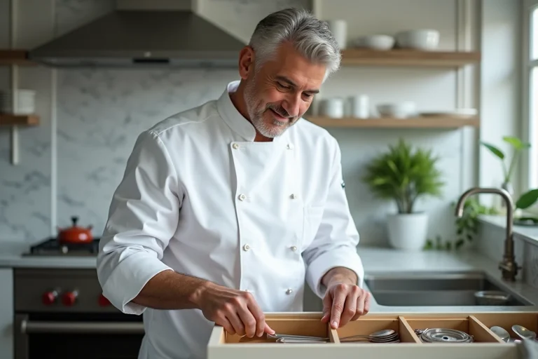 Homme en veste de chef organise ses ustensiles dans une cuisine moderne
