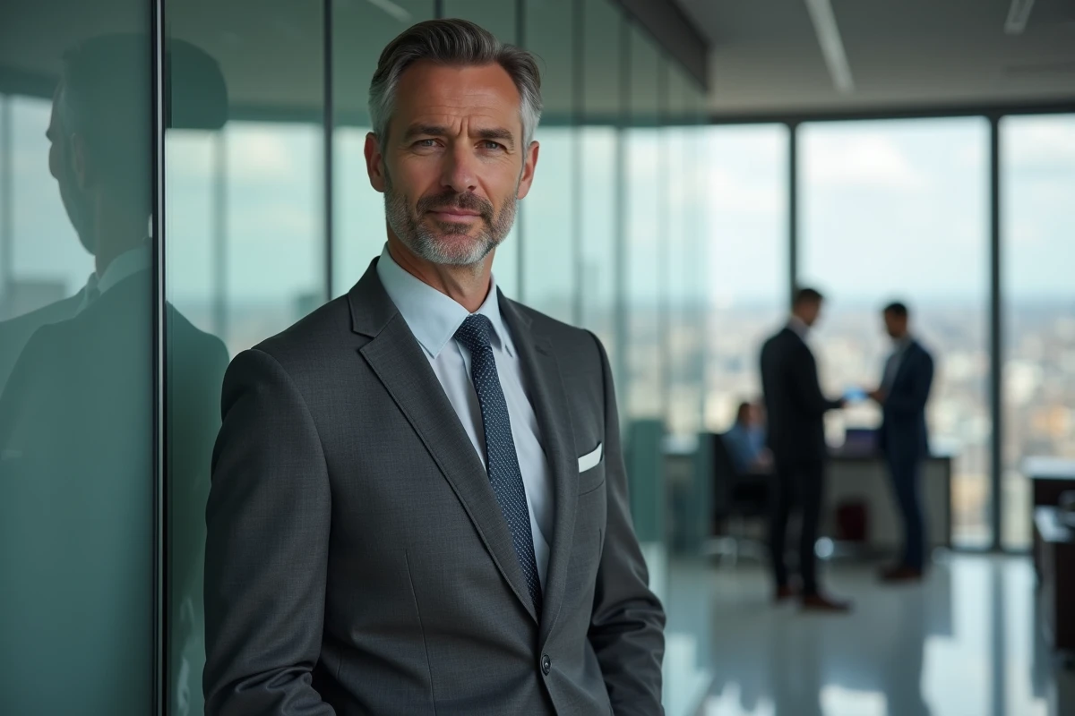 Directeur financier en costume dans un bureau moderne avec vue sur Paris, illustrant les cadres dirigeants parmi les salaires les plus élevés en France