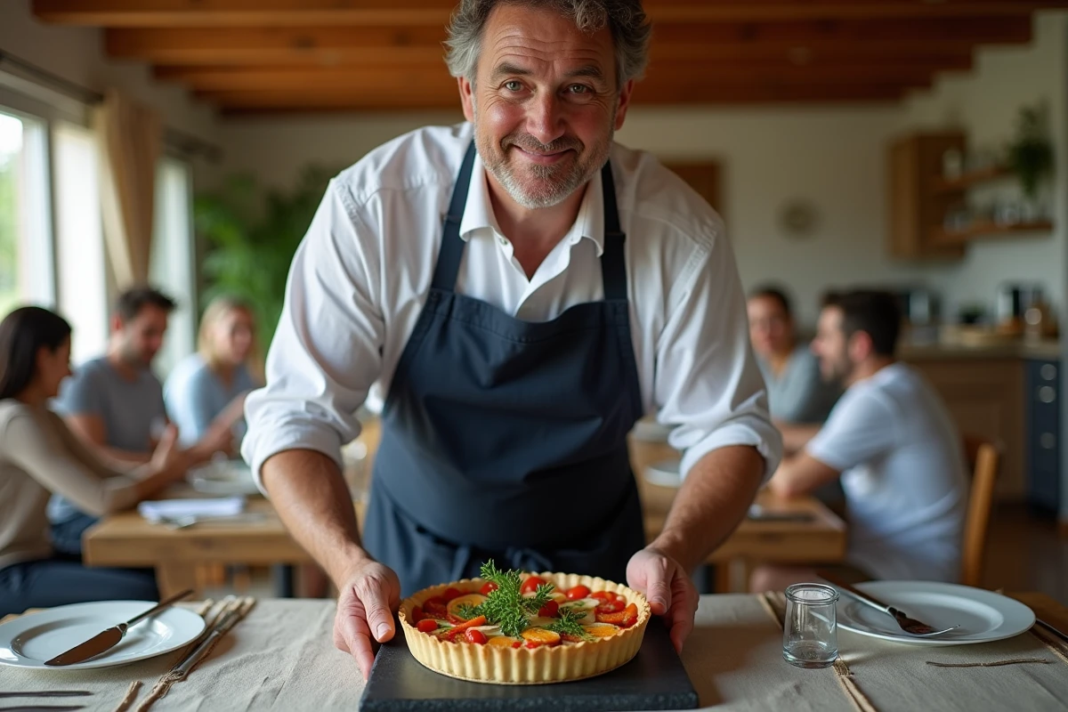 Homme dressant une tarte aux légumes colorée sur une table familiale dressée pour le repas du soir