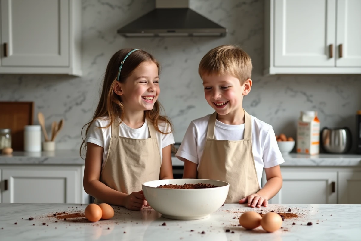 Deux enfants souriants préparant des brownies au chocolat ensemble dans une cuisine moderne avec des ingrédients éparpillés