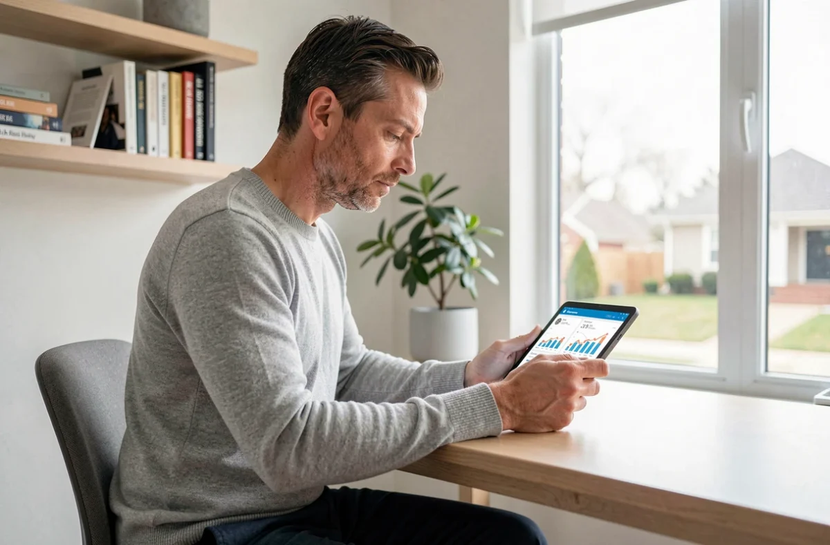 Entrepreneur analysant des indicateurs de croissance business sur une tablette dans un bureau minimaliste à domicile