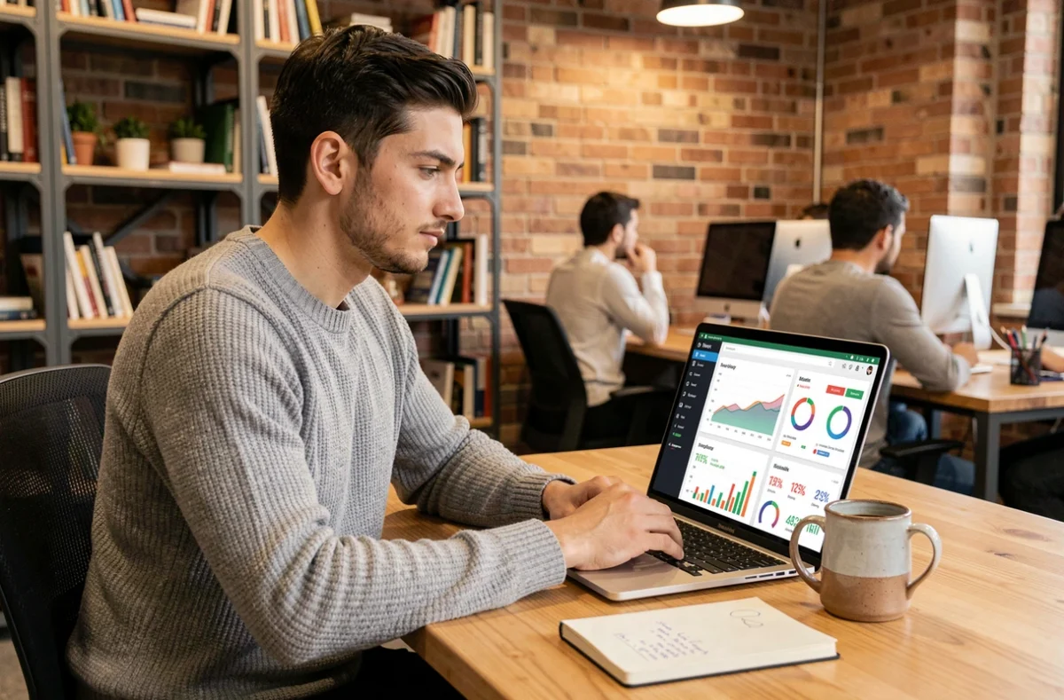 Entrepreneur consultant sa stratégie marketing digitale sur un ordinateur portable dans un espace de coworking