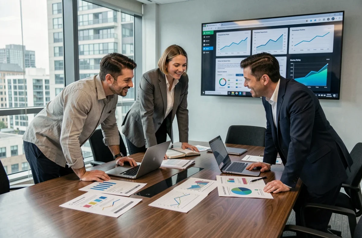 Équipe marketing en réunion analysant des données et des tableaux de bord numériques en 2024