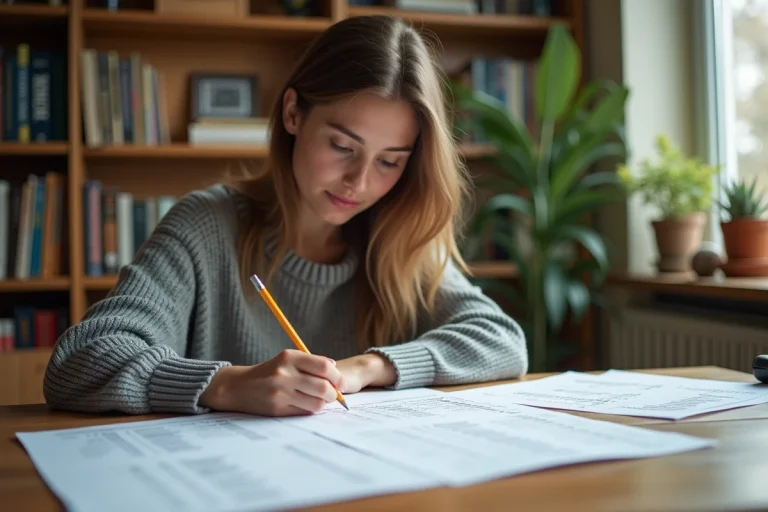 Jeune femme étudiant un tableau de conjugaison espagnole à son bureau avec des notes manuscrites