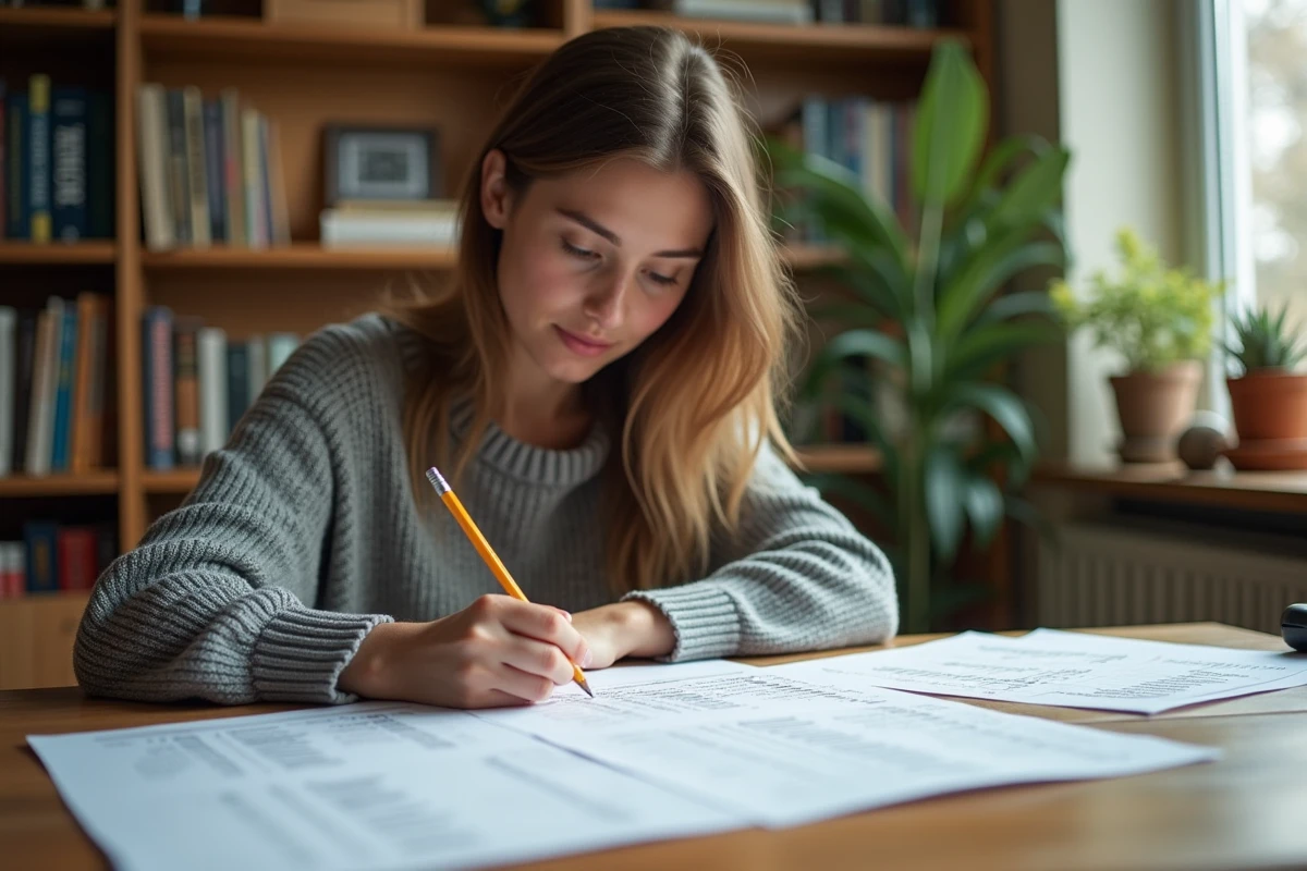 Jeune femme étudiant un tableau de conjugaison espagnole à son bureau avec des notes manuscrites