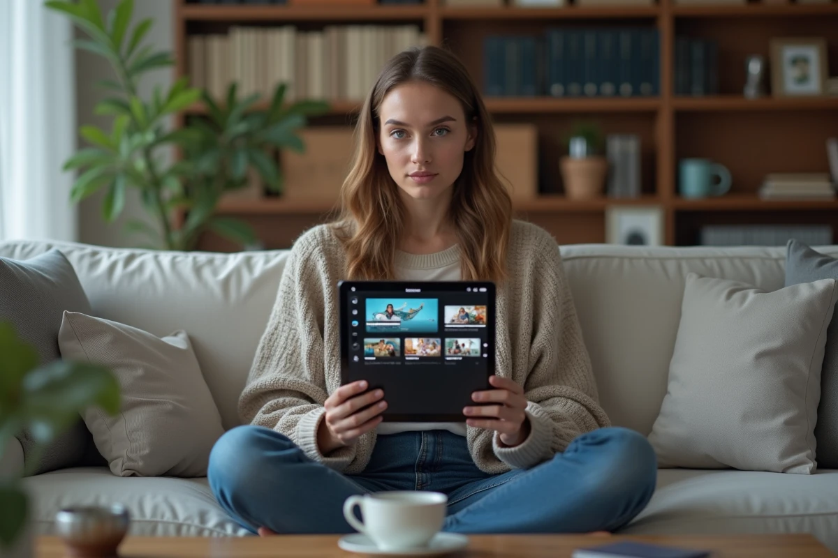 Femme consultant des alternatives de plateformes de streaming sur une tablette depuis son canapé