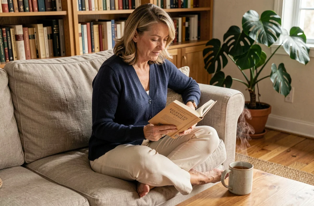 Femme sereine lisant un livre sur le bien-être en buvant une tisane dans un salon cosy pour prendre soin de sa santé mentale