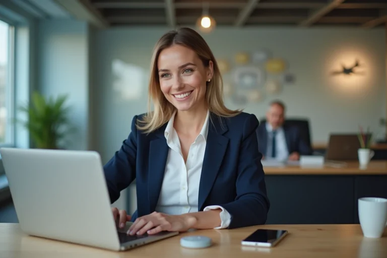 Femme au bureau en blazer navy et blouse blanche