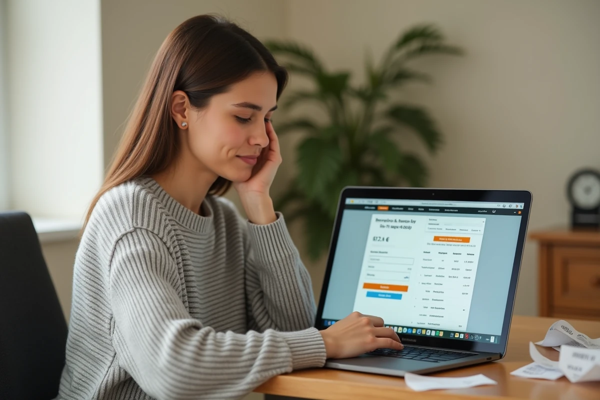 Femme consultant ses factures Carrefour en ligne sur un ordinateur portable depuis son bureau à domicile