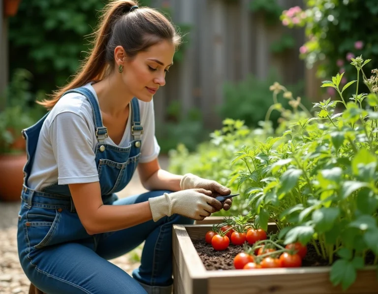 Femme jardinant dans un potager surélevé en bois, taillant des plants de tomates avec des sécateurs, dans un jardin verdoyant avec des pots en terre cuite