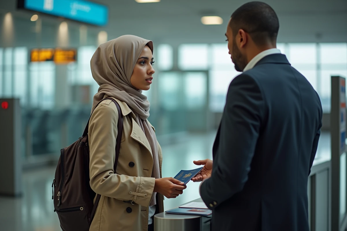 Jeune femme nord-africaine au contrôle de passeport à l