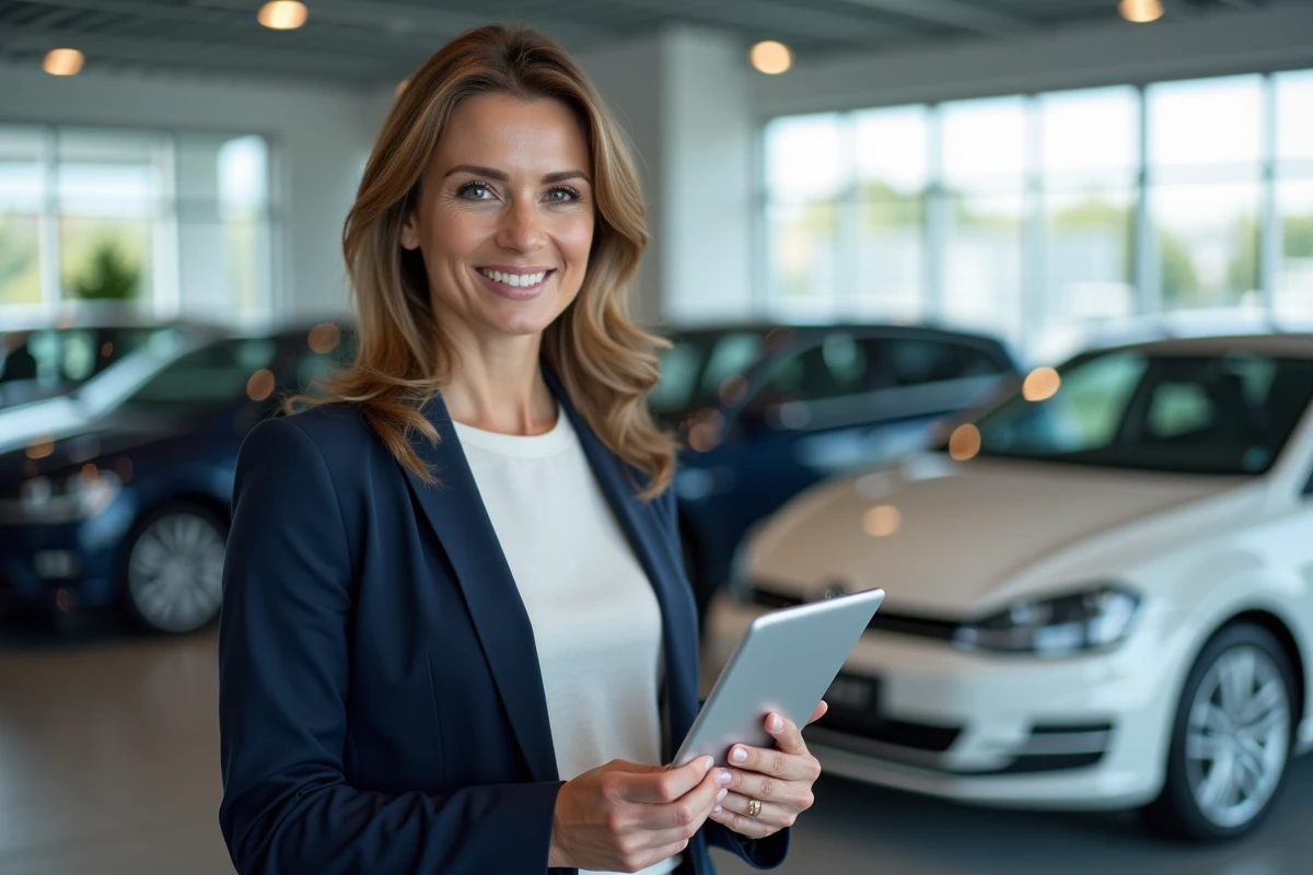 Femme en concession automobile consultant un plan de site web professionnel sur une tablette numérique