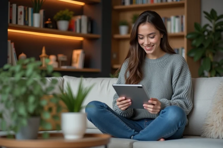 Jeune femme regardant streaming sur tablette dans salon