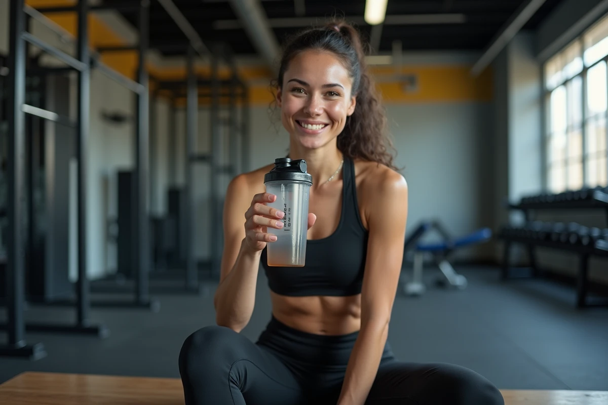 Femme sportive buvant un shake protéiné après l'entraînement dans une salle de sport