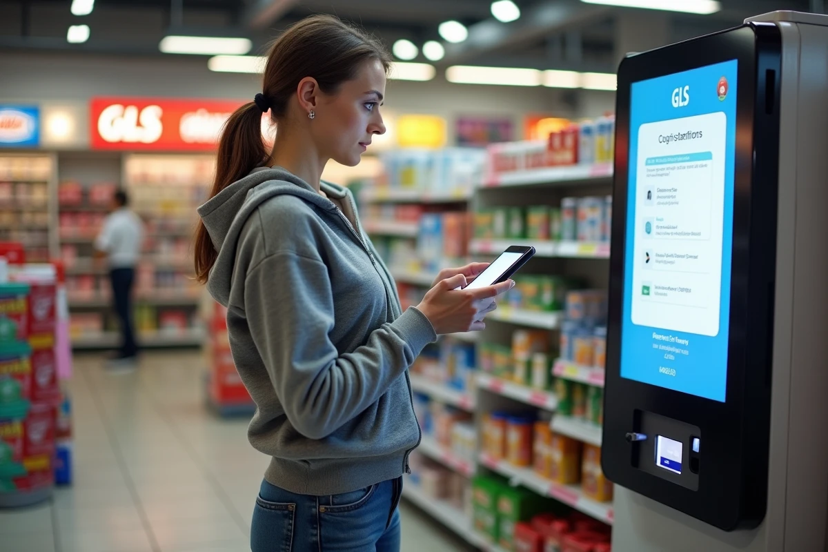 Femme consultant le suivi de son colis GLS sur smartphone devant un point relais en magasin