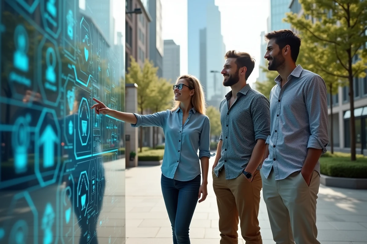 Groupe de jeunes discutant devant un écran interactif en ville