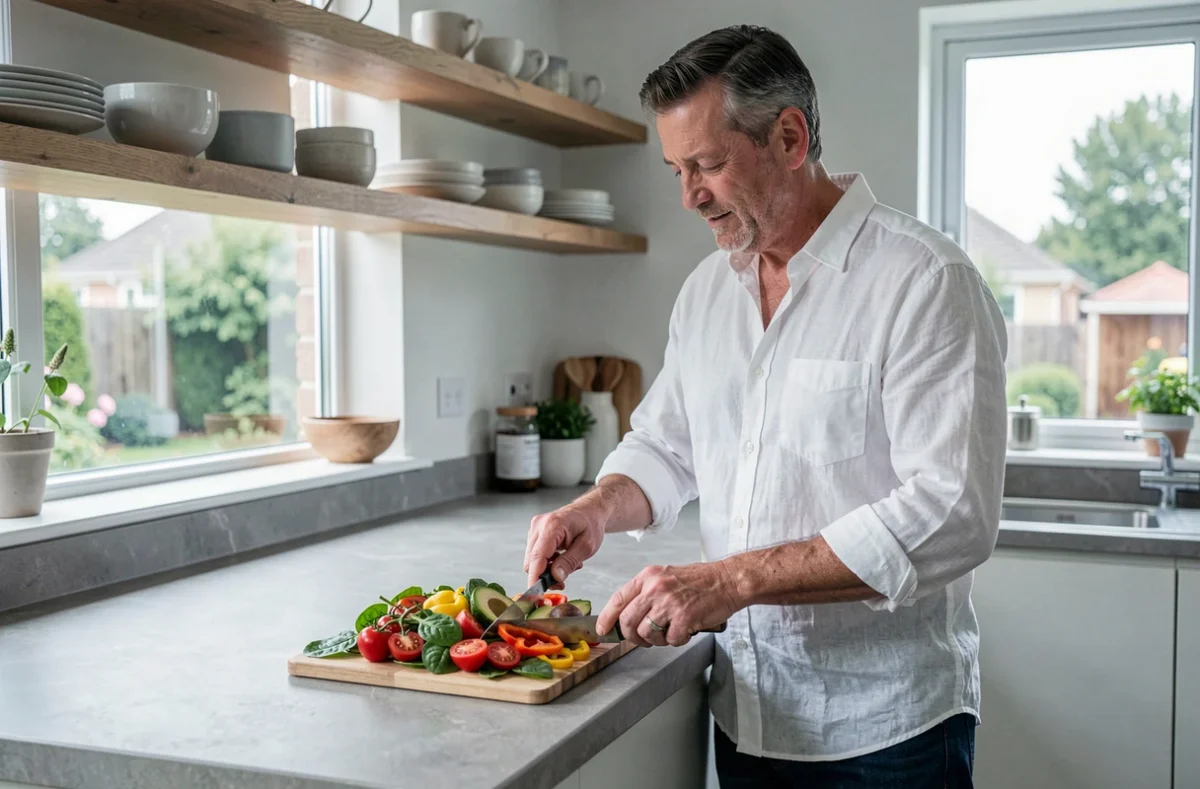 Homme préparant une salade fraîche et colorée dans une cuisine moderne pour une alimentation saine au quotidien