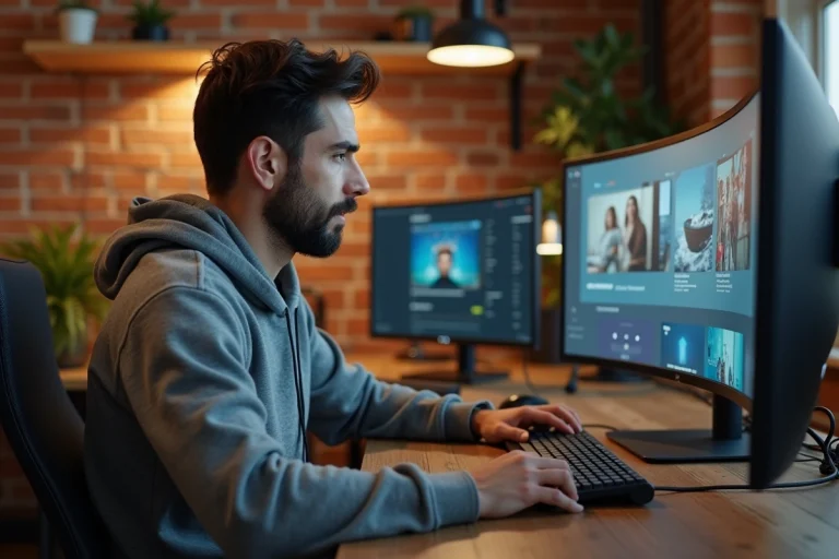 Homme comparant des plateformes de téléchargement et streaming sur un grand écran dans un bureau à domicile moderne