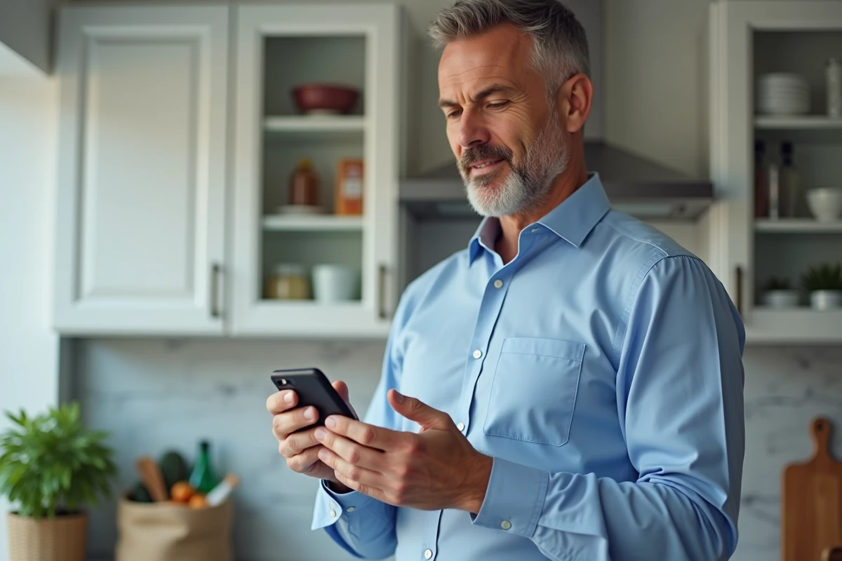 Homme recherchant une facture Carrefour sur son smartphone dans une cuisine moderne