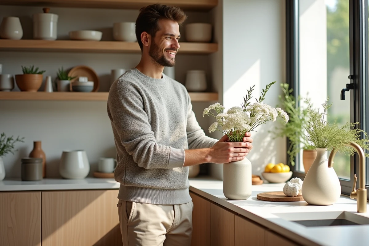 Jeune homme arrangeant des fleurs dans la cuisine lumineuse