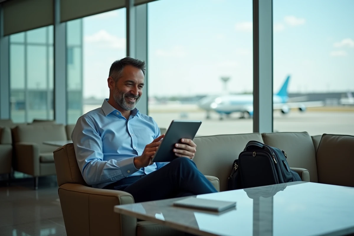 Homme en chemise bleue dans un lounge d