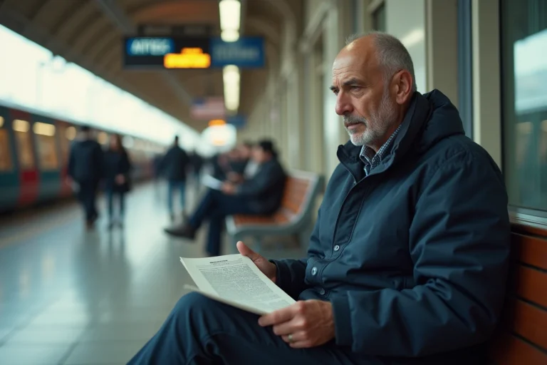 Homme nord-africain assis dans une gare lisant une lettre