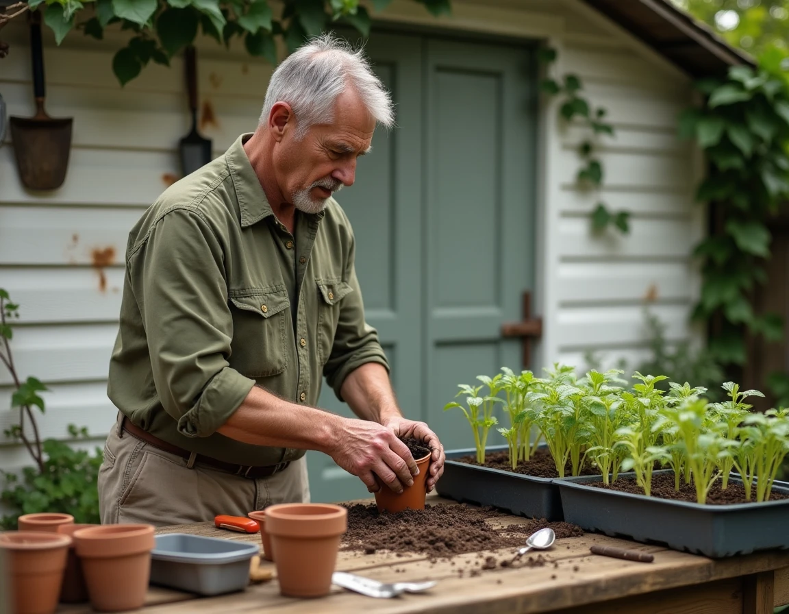 Homme rempotant des semis sur un établi en bois devant un abri de jardin rustique, entouré d'outils et de sachets de graines