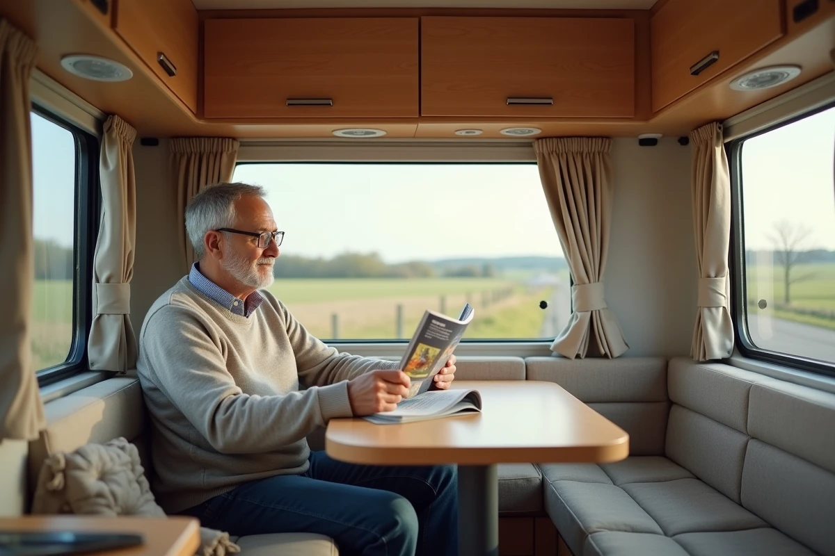 Homme retraité lisant un magazine dans un intérieur de camping-car