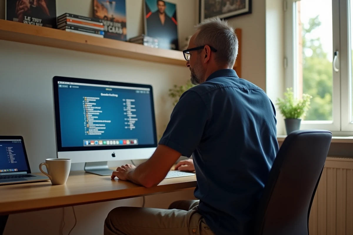 Homme d age moyen utilisant ordinateur pour streaming