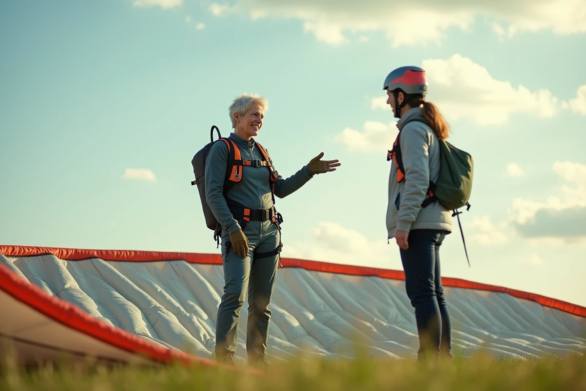 Instructrice de parapente présentant les points de connexion et les protections d'une sellette parapente sur un terrain de décollage