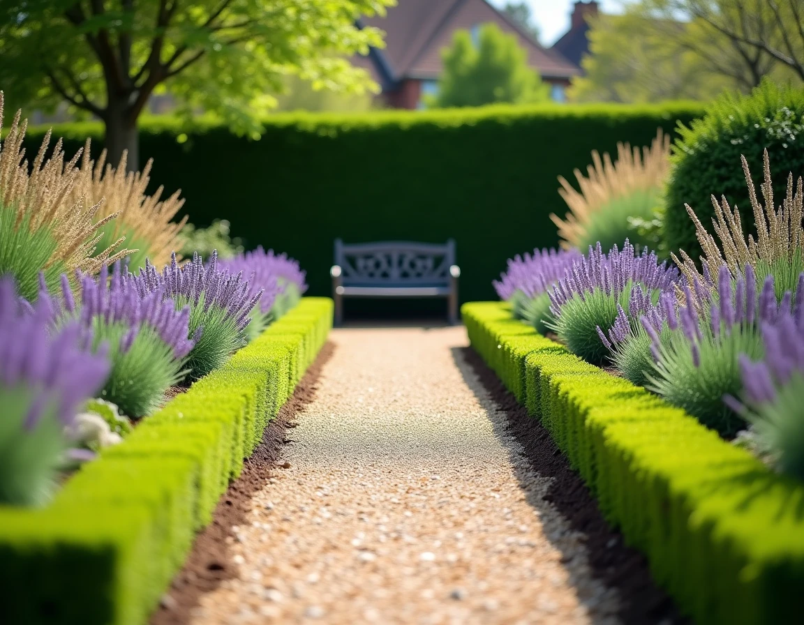 Jardin résidentiel bien entretenu avec allée en gravier, massifs de lavande et de salvia encadrés de buis taillés et banc en fer forgé